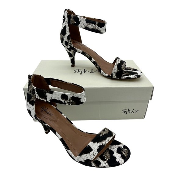 Style & Co. Shoes - Style&co. Womens Paycee Sandal Heel Black Leopard Ankle Strap Mid 8.5 M New